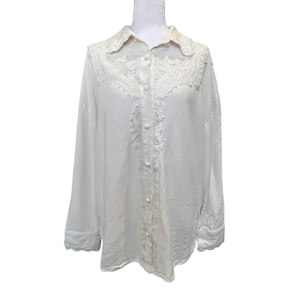 CAROLINE CONSTAS White Crochet Lace Trim Button Up‎ Shirt Top Women's XL Cottage